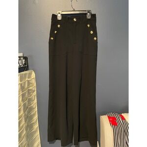 Womens Black High Waisted Wide Leg Trousers Gold Crest Button Nautical Pants, XS